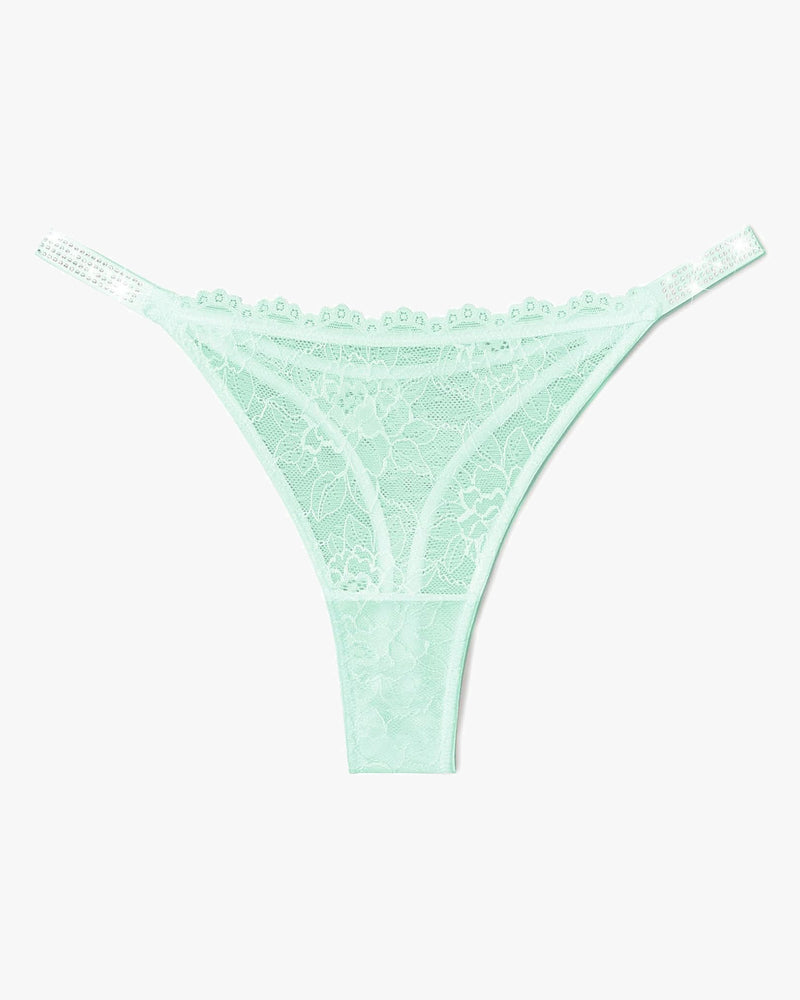 Mint green lace thong lingerie with rhinestone straps. Sexy and transparent lace design for women.