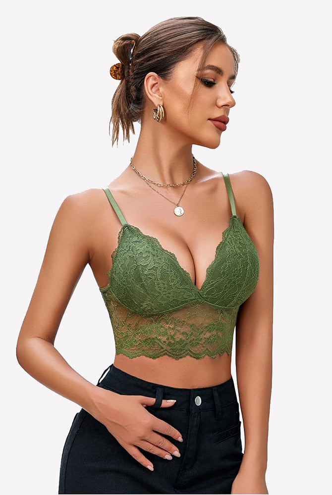 Green floral lace bustier crop top with spaghetti straps, unpadded bralette