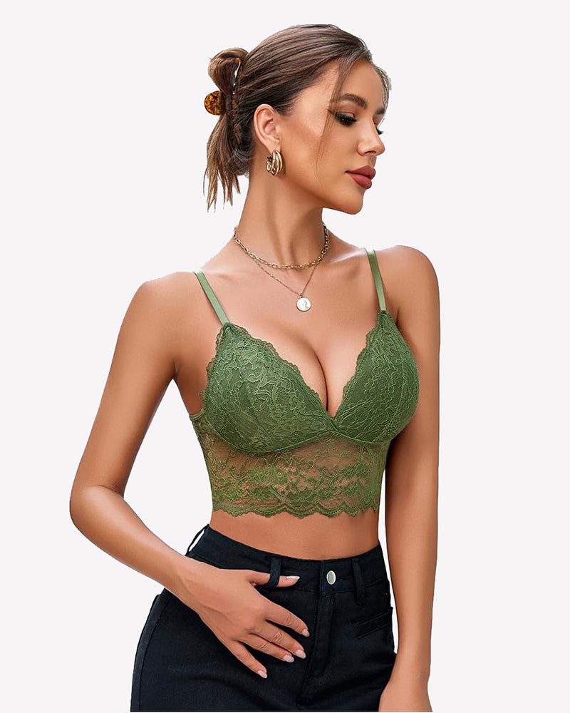Green floral lace bustier crop top with spaghetti straps, unpadded bralette