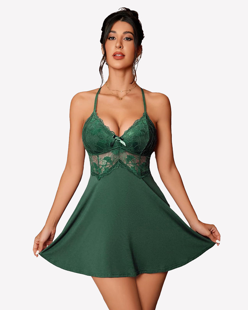 Avidlove green lace babydoll nightgown, deep V-neck, flowing skirt. Sexy lingerie for women.