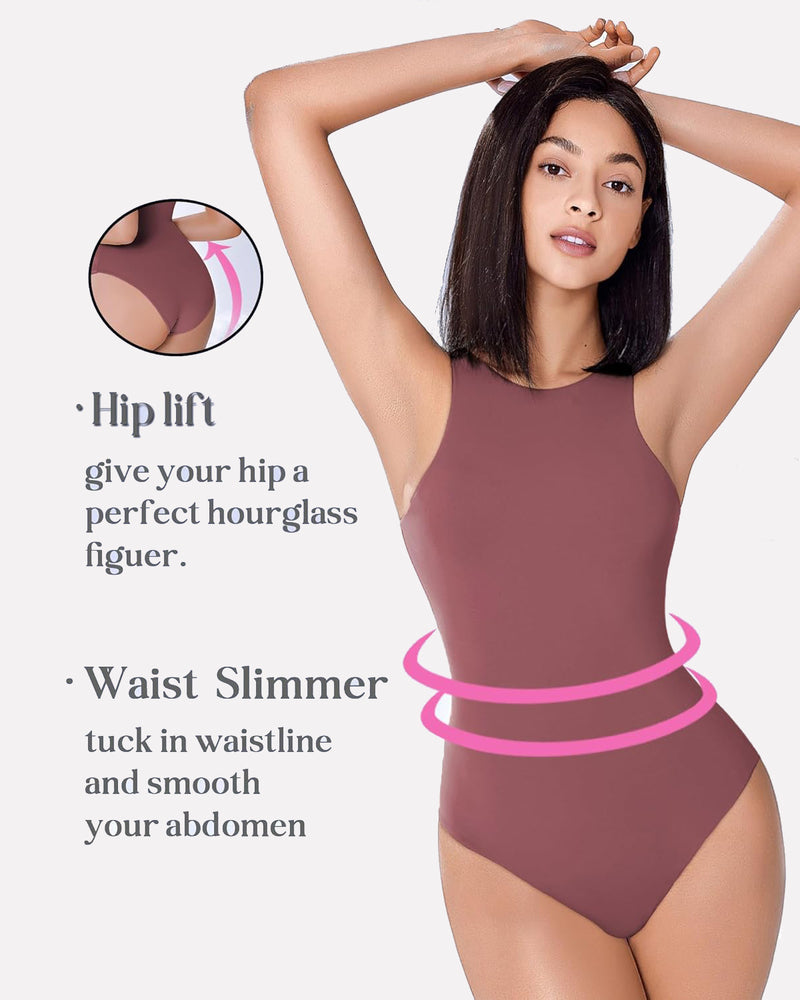Mauve shapewear bodysuit, hip lift and waist slimming, double-lined for a confident hourglass figure