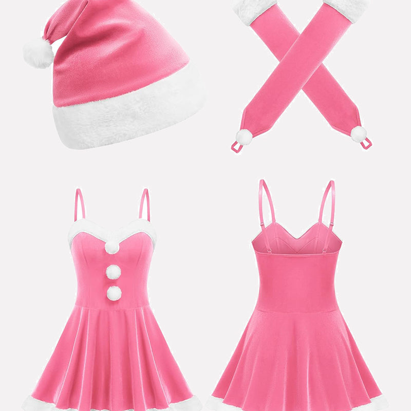 Pink Santa dress Christmas outfit with hat and gloves, white fur trim, perfect for holiday parties
