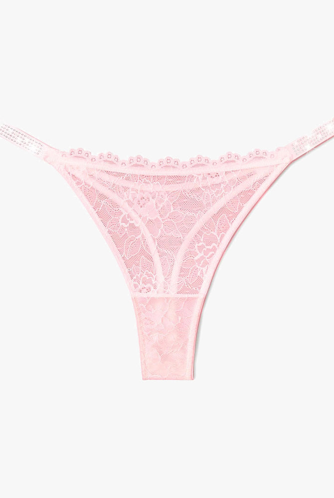 Pink lace thong lingerie with rhinestone straps. Sexy and transparent lace thong for women.