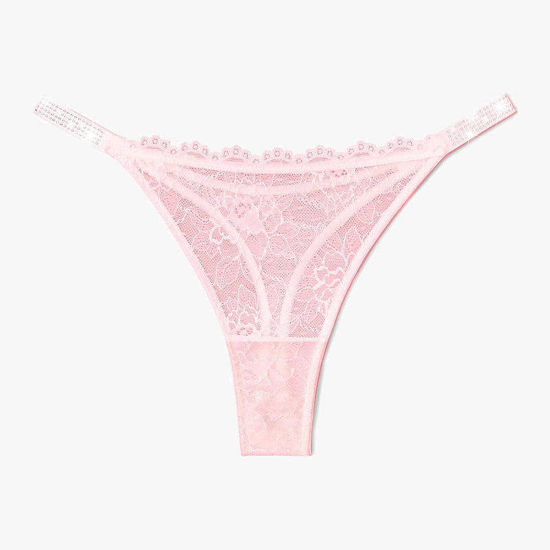 Pink lace thong lingerie with rhinestone straps. Sexy and transparent lace thong for women.