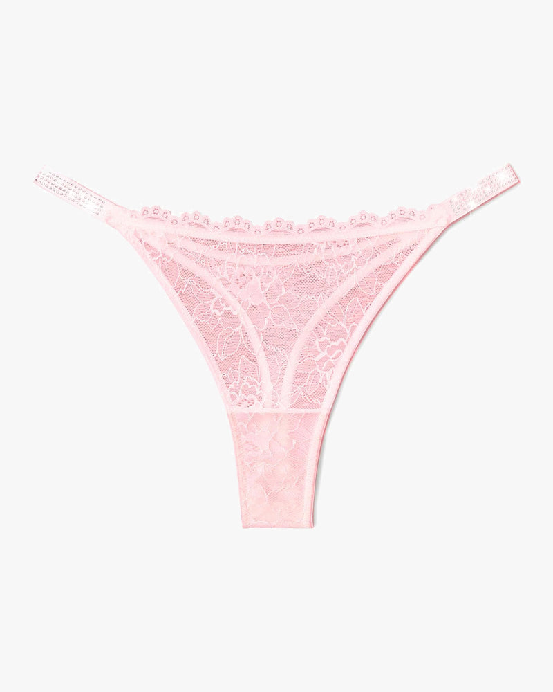 Pink lace thong lingerie with rhinestone straps. Sexy and transparent lace thong for women.