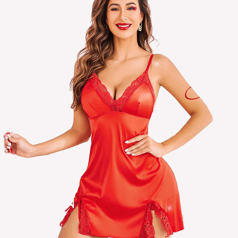 Avidlove red satin mini dress with lace. Sexy lingerie, adjustable spaghetti straps. For women.