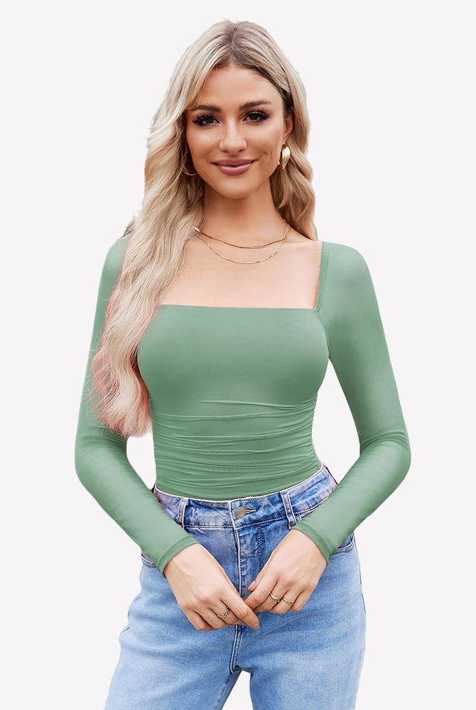 Green square neck mesh long sleeve bodysuit with ruched detail, perfect for daily wear.