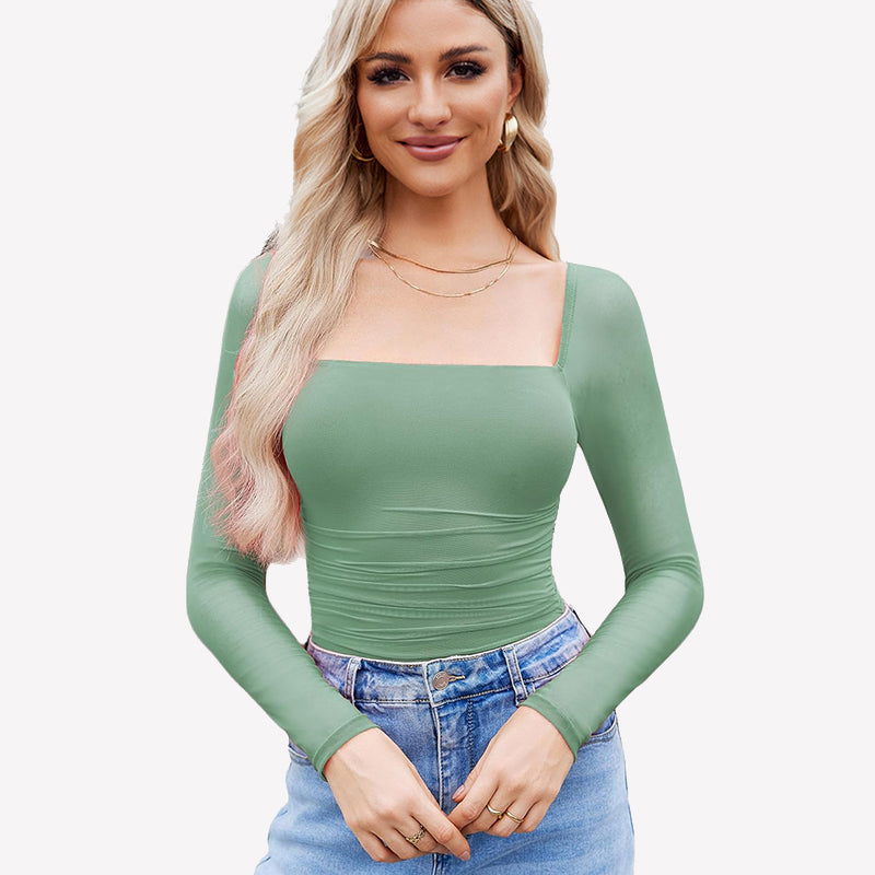 Green square neck mesh long sleeve bodysuit with ruched detail, perfect for daily wear.