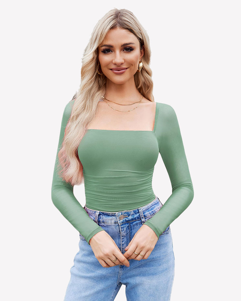 Green square neck mesh long sleeve bodysuit with ruched detail, perfect for daily wear.