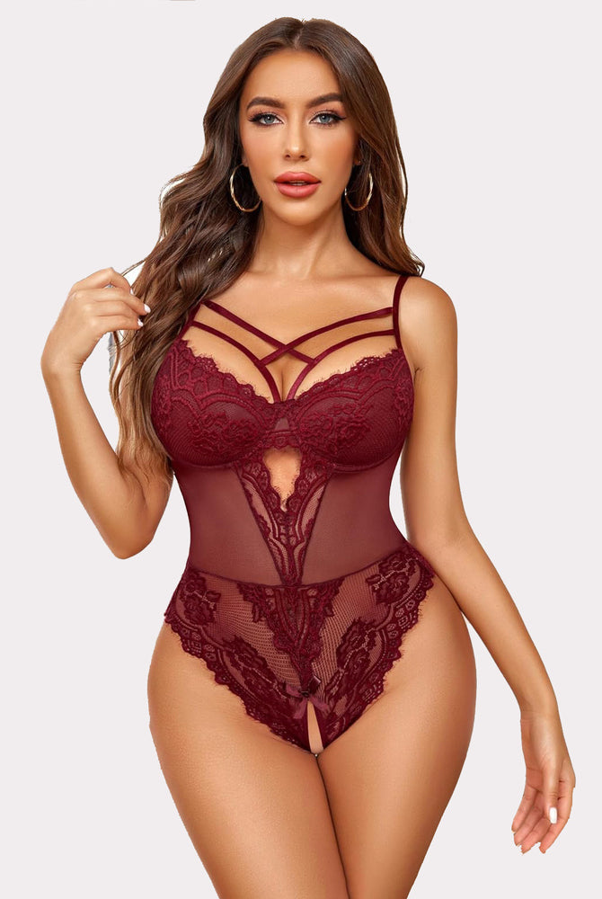 Burgundy lace crotchless bodysuit with cut-out, push-up underwire. Sexy lingerie for confidence.