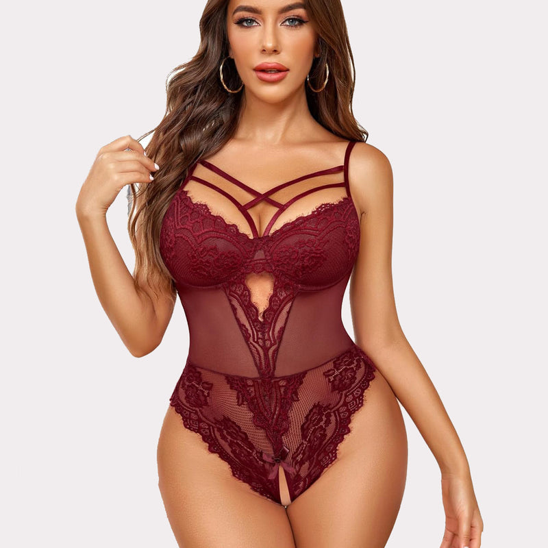 Burgundy lace crotchless bodysuit with cut-out, push-up underwire. Sexy lingerie for confidence.