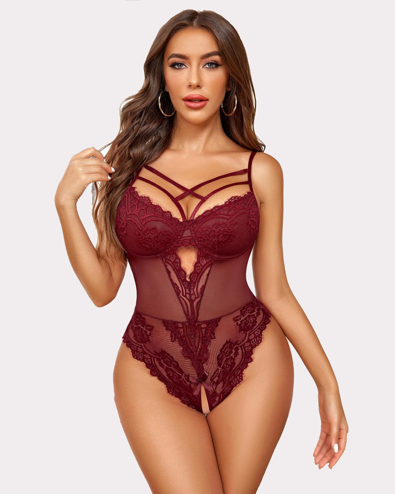 Burgundy lace crotchless bodysuit with cut-out, push-up underwire. Sexy lingerie for confidence.