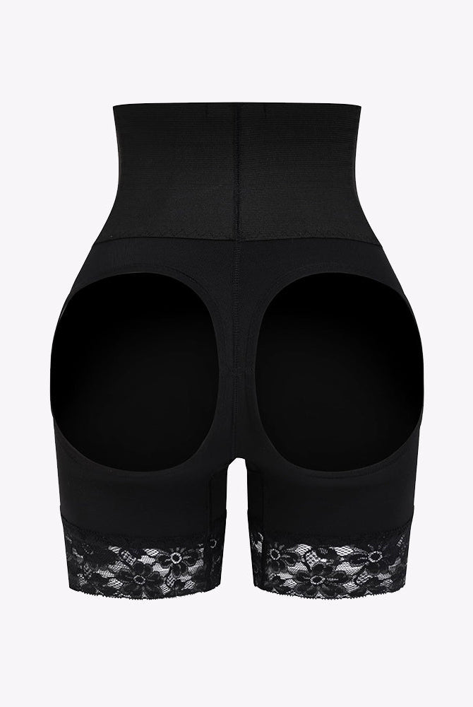 Black high-waisted tummy control shapewear shorts with lace trim and open back