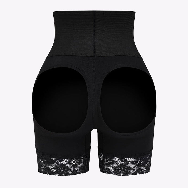 Black high-waisted tummy control shapewear shorts with lace trim and open back