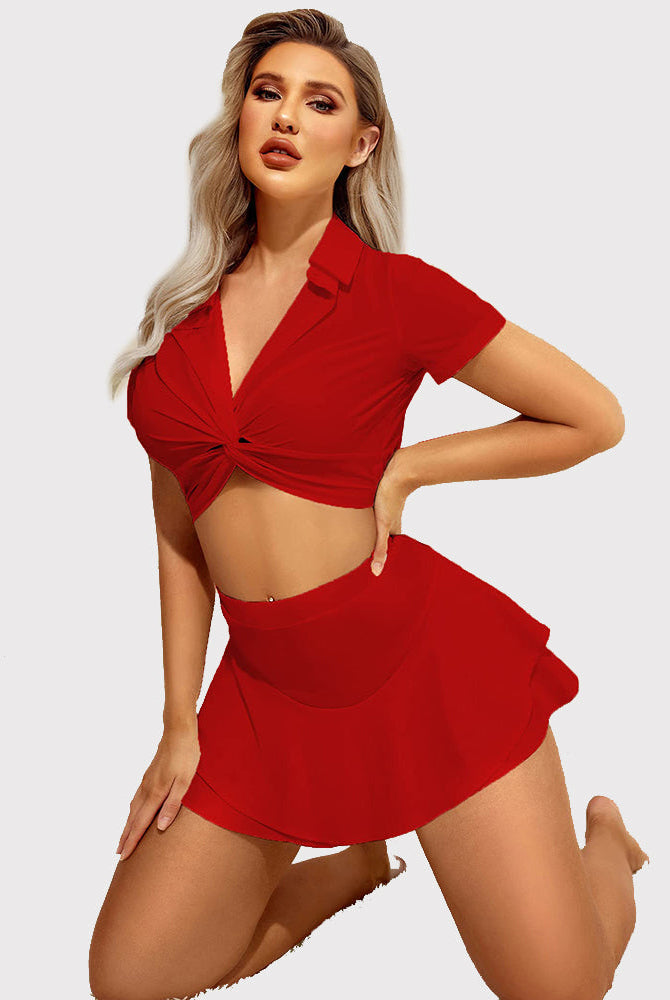 Red ruffle hem mini skirt and crop top set, A-line flared silhouette, fashionable and cute outfit