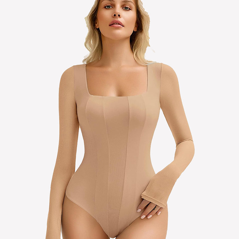Nude Avidlove square neck mesh leotard top, bodycon fit with long sleeves. Sexy lingerie.