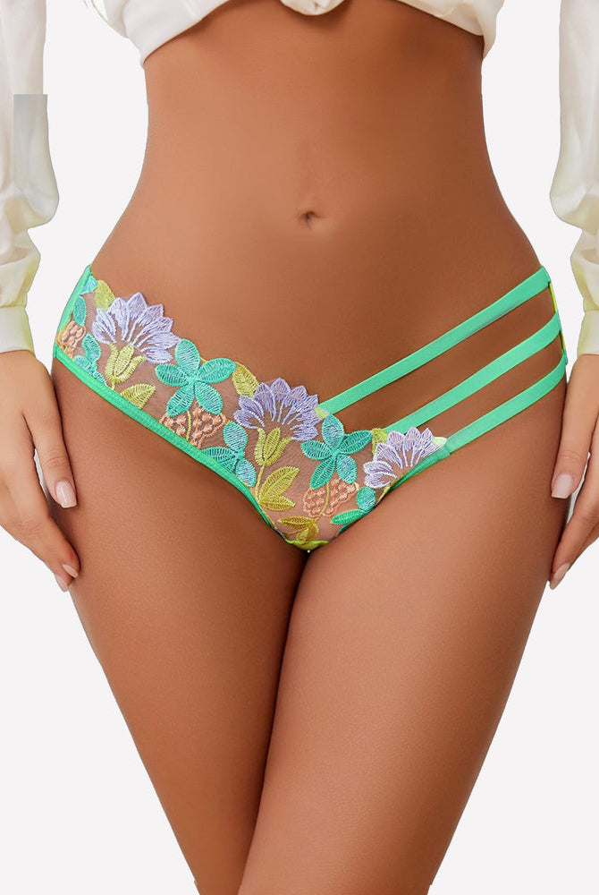 Green mesh Avidlove panties with butterfly floral embroidery, triple straps, sexy lingerie