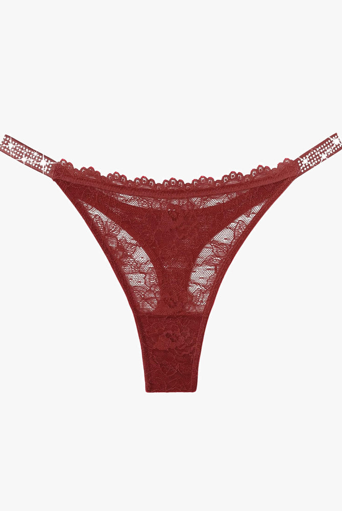 Burgundy lace thong with rhinestone straps. Sexy, transparent lace lingerie with floral details.