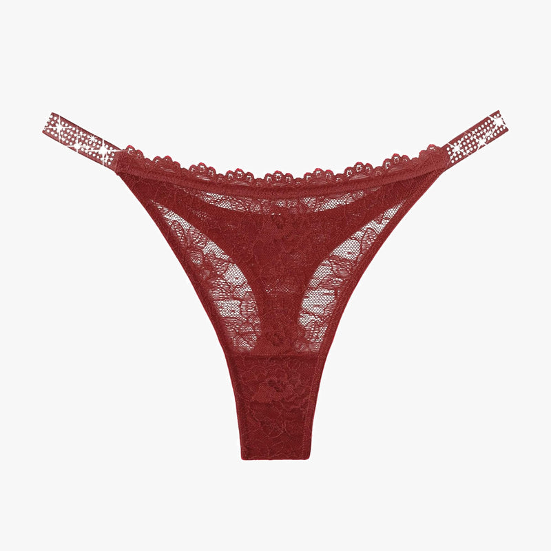 Burgundy lace thong with rhinestone straps. Sexy, transparent lace lingerie with floral details.