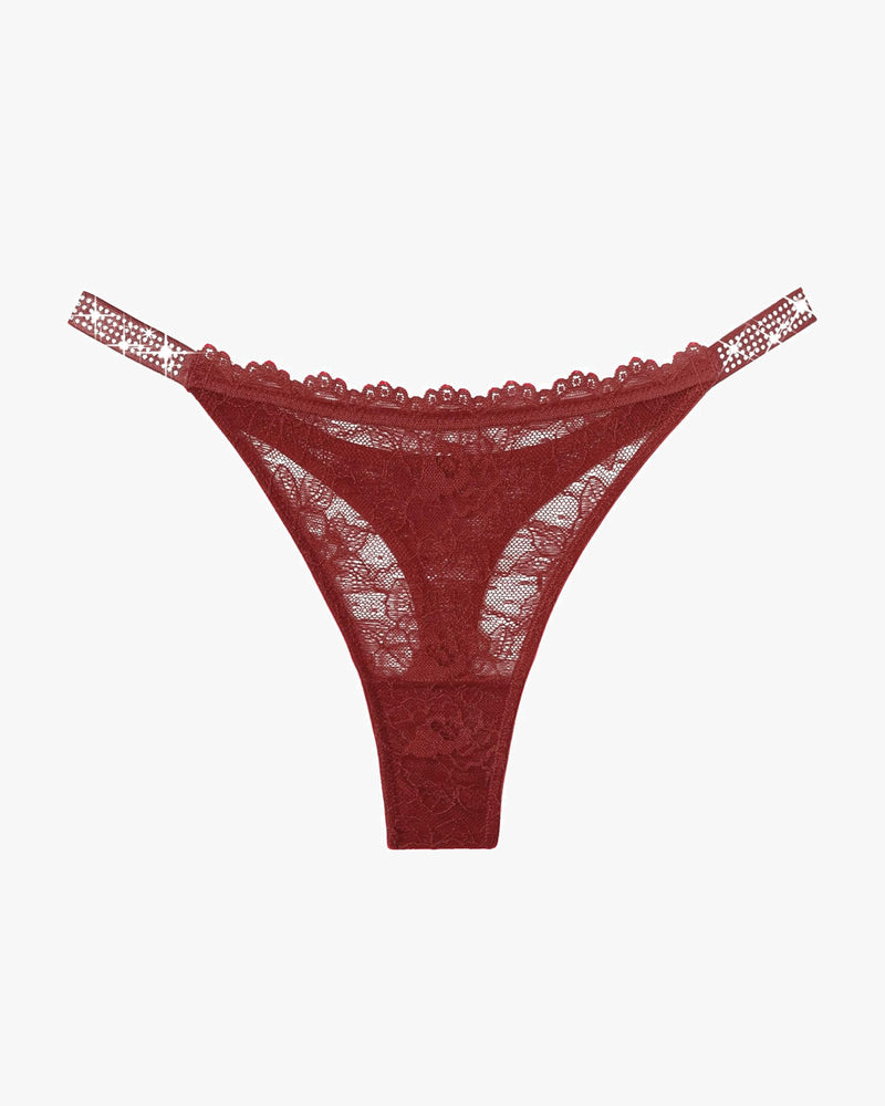 Burgundy lace thong with rhinestone straps. Sexy, transparent lace lingerie with floral details.