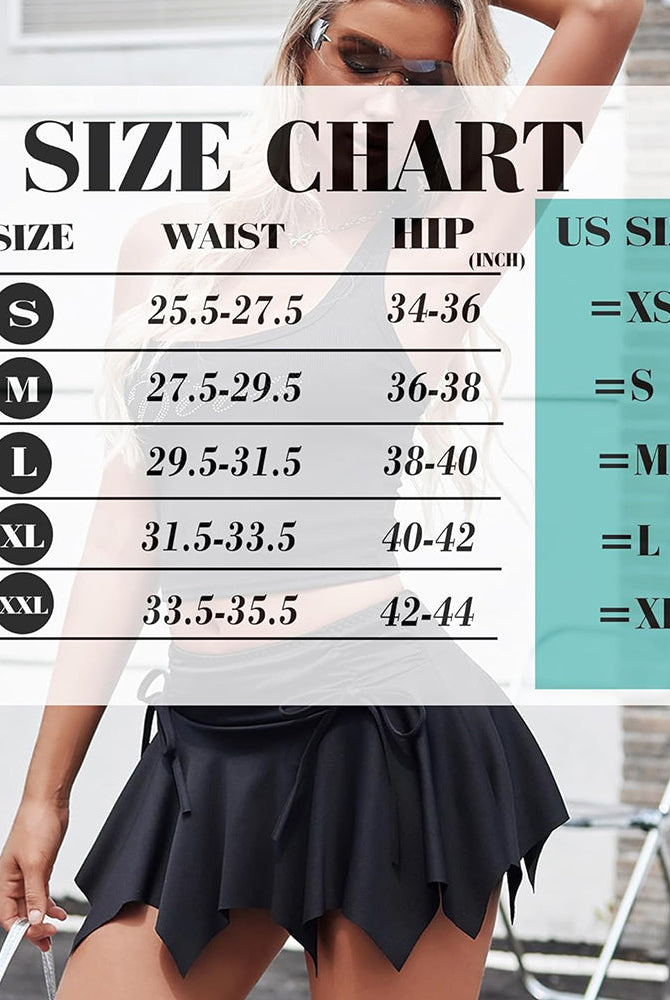 Black Y2k mini skirt size chart including waist and hip measurements, US size conversion.