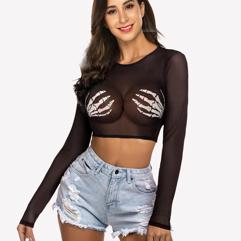Black mesh crop top, skeleton hand design, with denim shorts. See-through, edgy lingerie style.