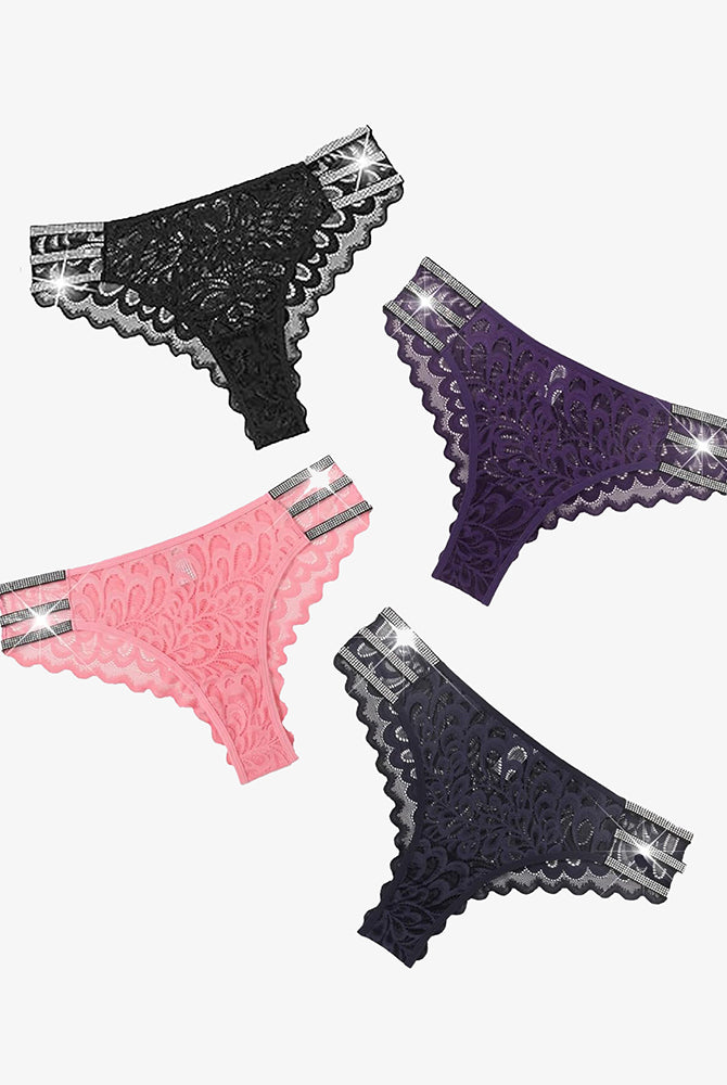Glitter Lace Cheeky Underwear: Black, Purple, Pink, Navy. Delicate lace and rhinestone accents.