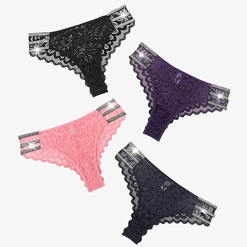 Glitter Lace Cheeky Underwear: Black, Purple, Pink, Navy. Delicate lace and rhinestone accents.