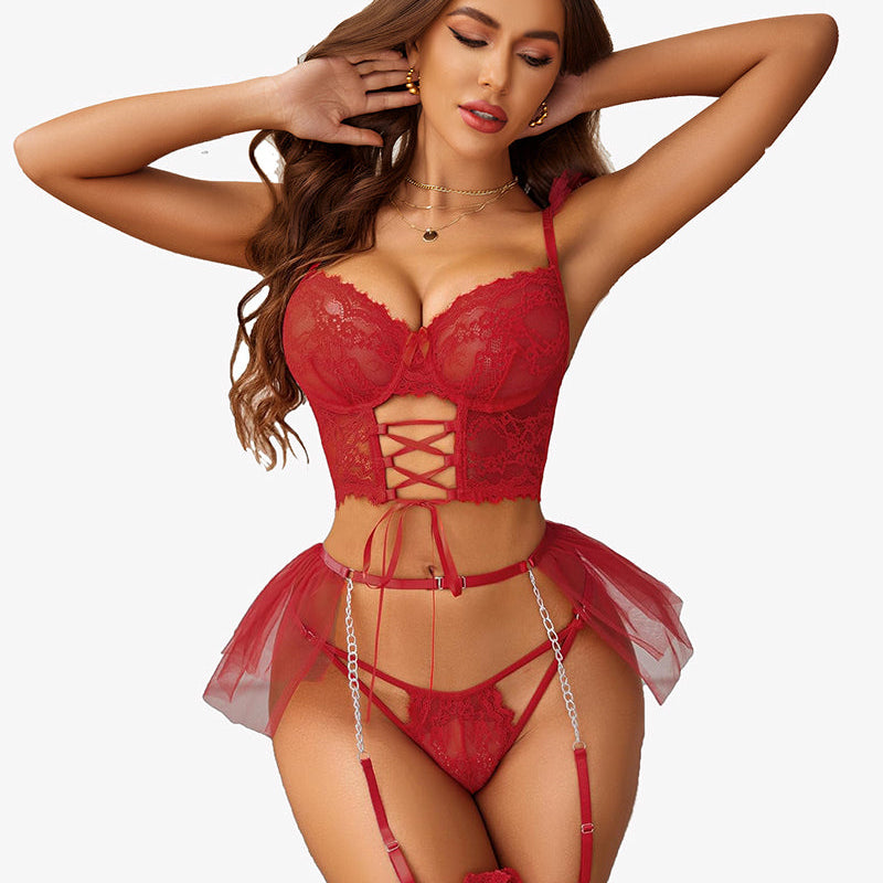 Red Avidlove 3-piece lingerie set with lace bra, mesh skirt, and garter straps