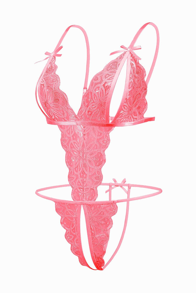 Pink lace bodysuit featuring open cup, adjustable straps, backless design, and crotchless bottom.