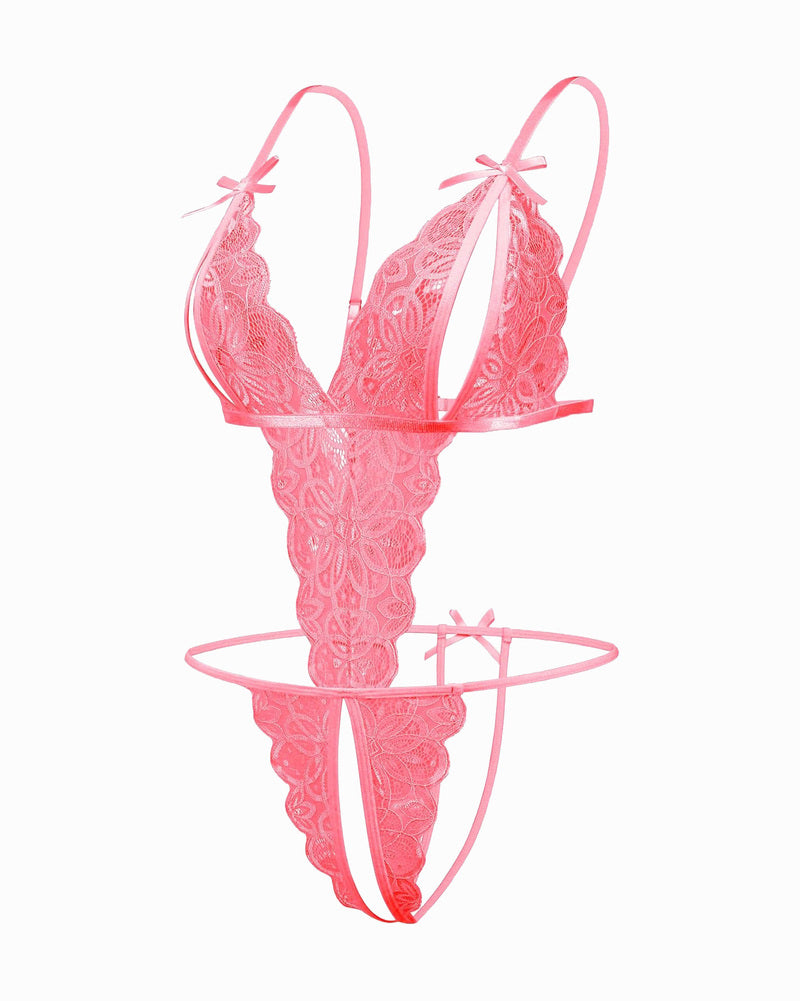 Pink lace bodysuit featuring open cup, adjustable straps, backless design, and crotchless bottom.