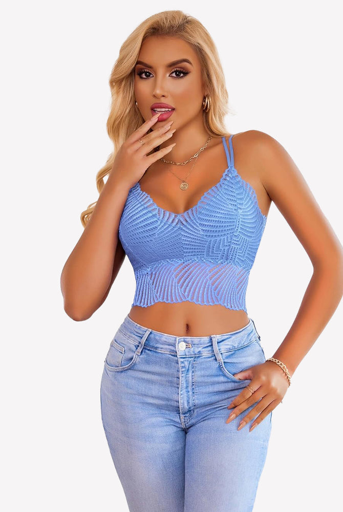 Avidlove blue lace V-neck crop top, model in jeans, featuring adjustable straps and scalloped edge.