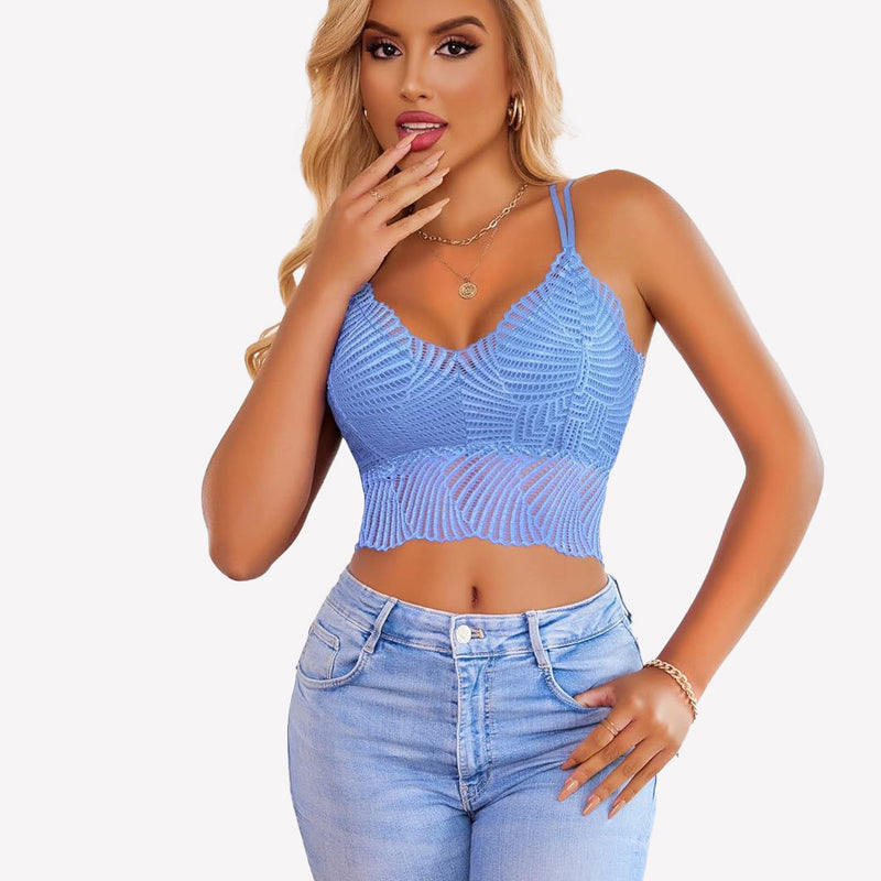 Avidlove blue lace V-neck crop top, model in jeans, featuring adjustable straps and scalloped edge.