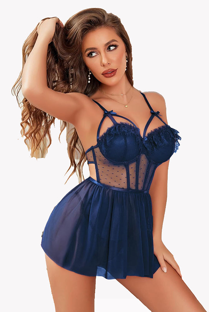 Navy blue mesh lace push-up babydoll nightgown with decorative shoulder bows and skirt