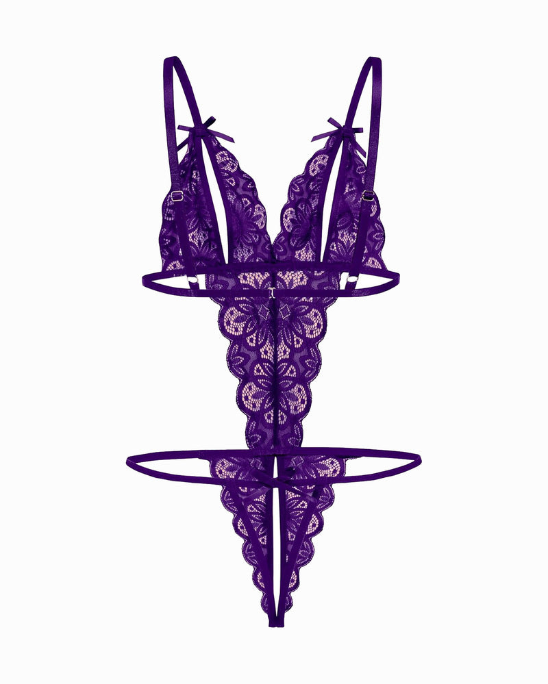 Purple lace bodysuit with deep V-neck, backless, and bow details. Sexy lingerie for women.