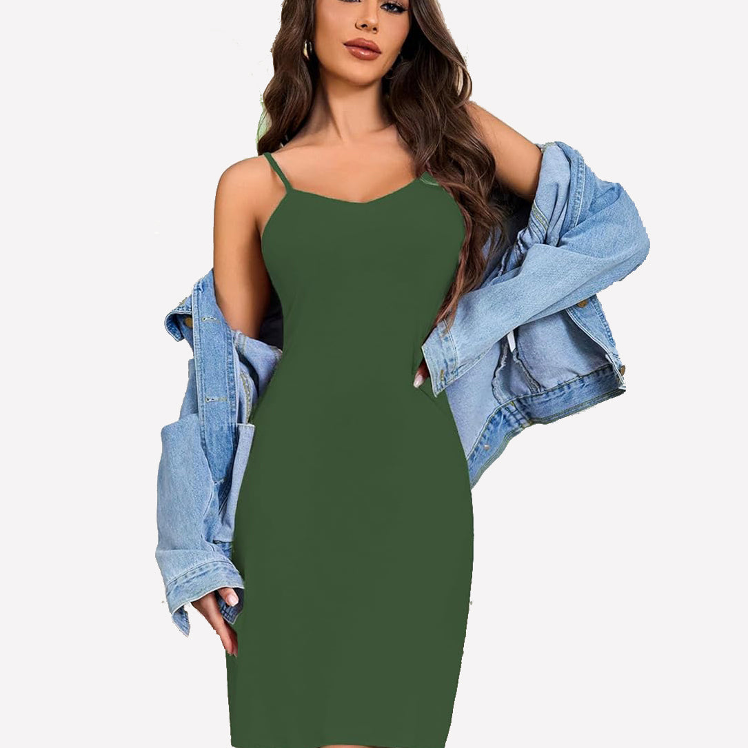 Green chemise nightgown, spaghetti straps, above knee length, flattering fit, with denim jacket