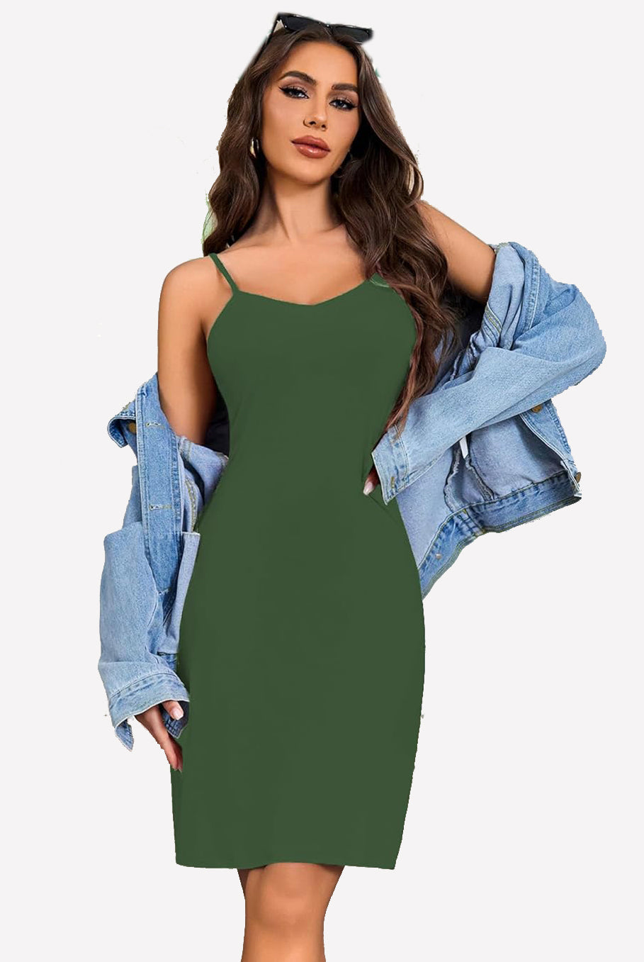 Green chemise nightgown, spaghetti straps, above knee length, flattering fit, with denim jacket