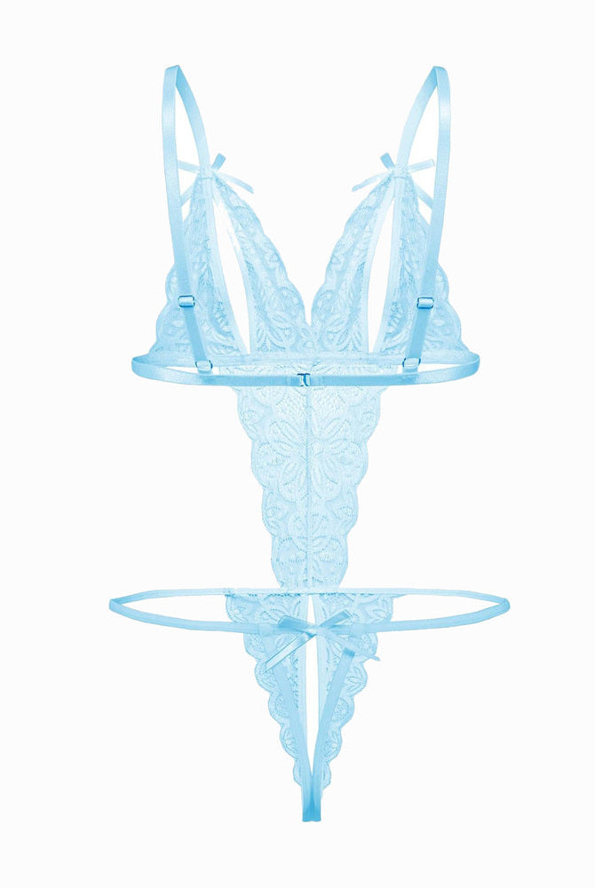 Light blue lace bodysuit with open cup, backless design and bow details. Sexy lingerie for women.