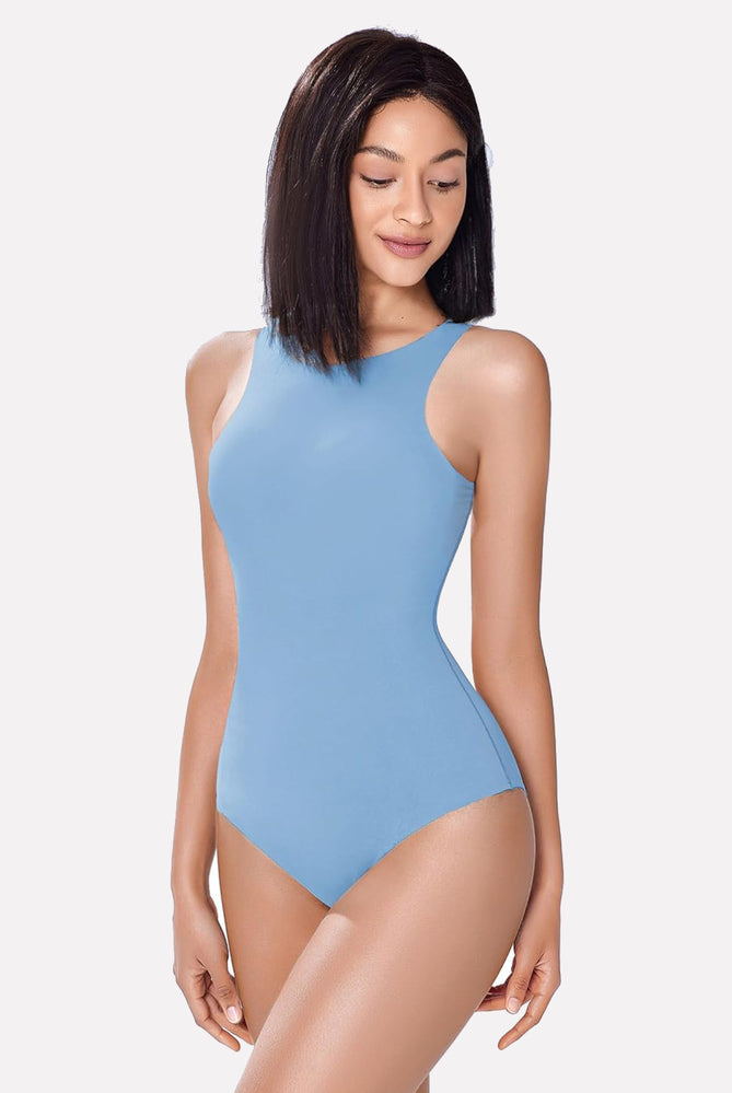 Light blue high-neck bodysuit shapewear, comfortable and breathable, enhancing silhouette.