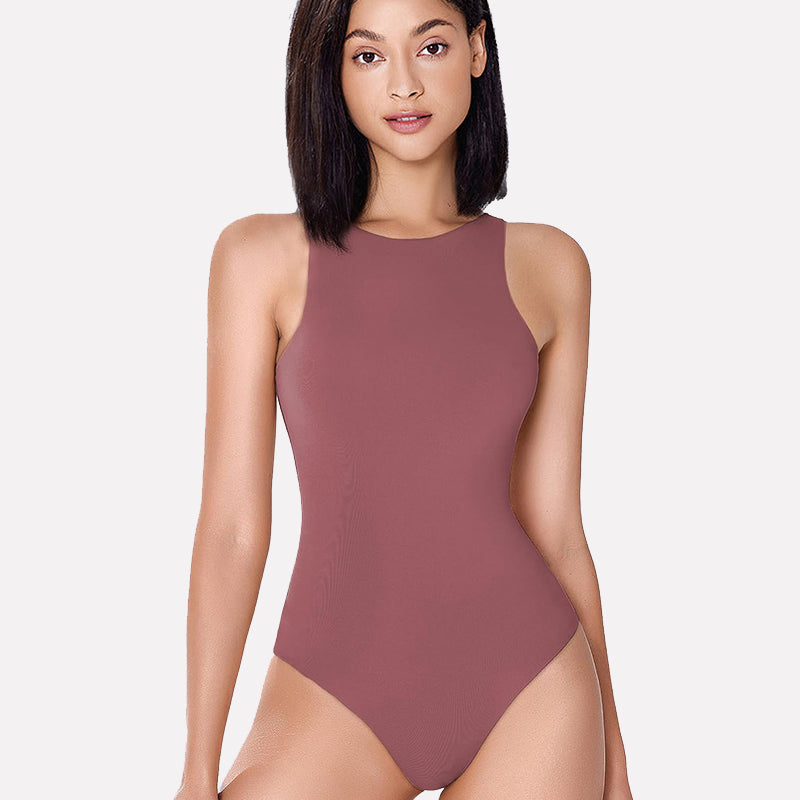 Mauve high-neck shapewear bodysuit, comfortable and enhancing, double-lined for a confident look.