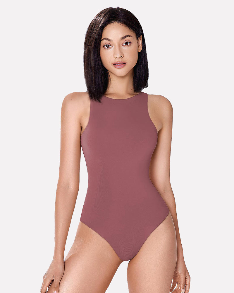 Mauve high-neck shapewear bodysuit, comfortable and enhancing, double-lined for a confident look.