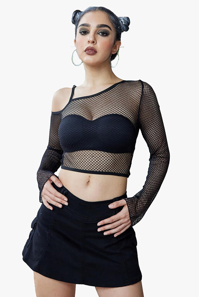 Black fishnet long sleeve crop top with asymmetrical neck, see-through design