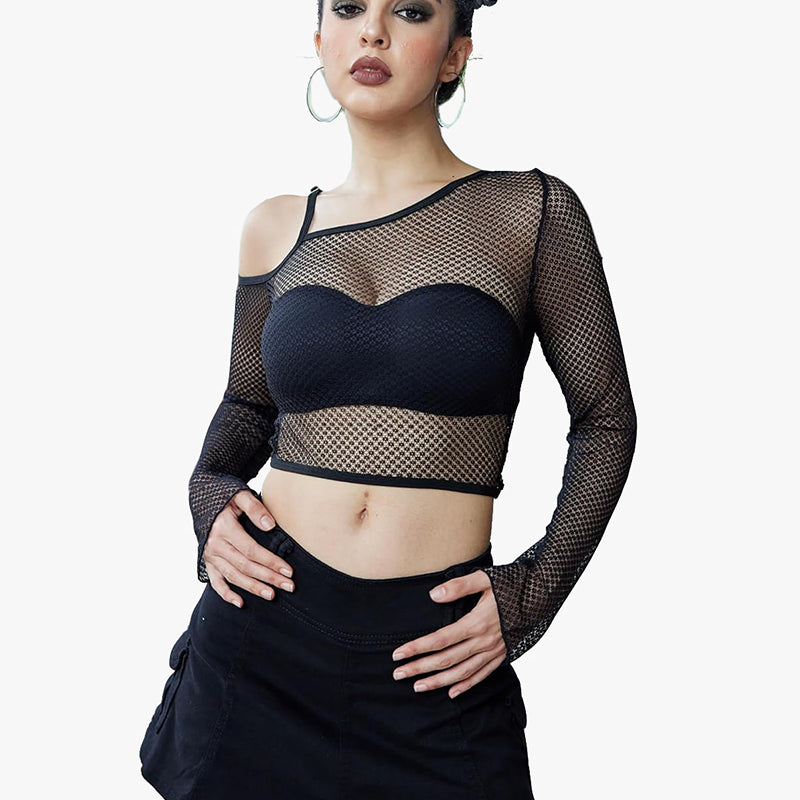 Black fishnet long sleeve crop top with asymmetrical neck, see-through design