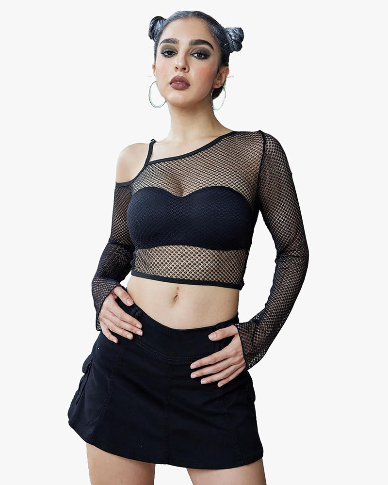 Black fishnet long sleeve crop top with asymmetrical neck, see-through design