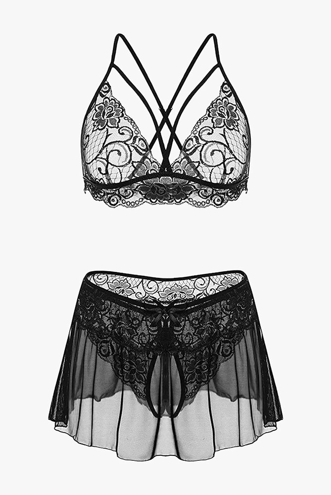 Avidlove black lace bralette and skirt lingerie set with lace trim, perfect for intimate moments