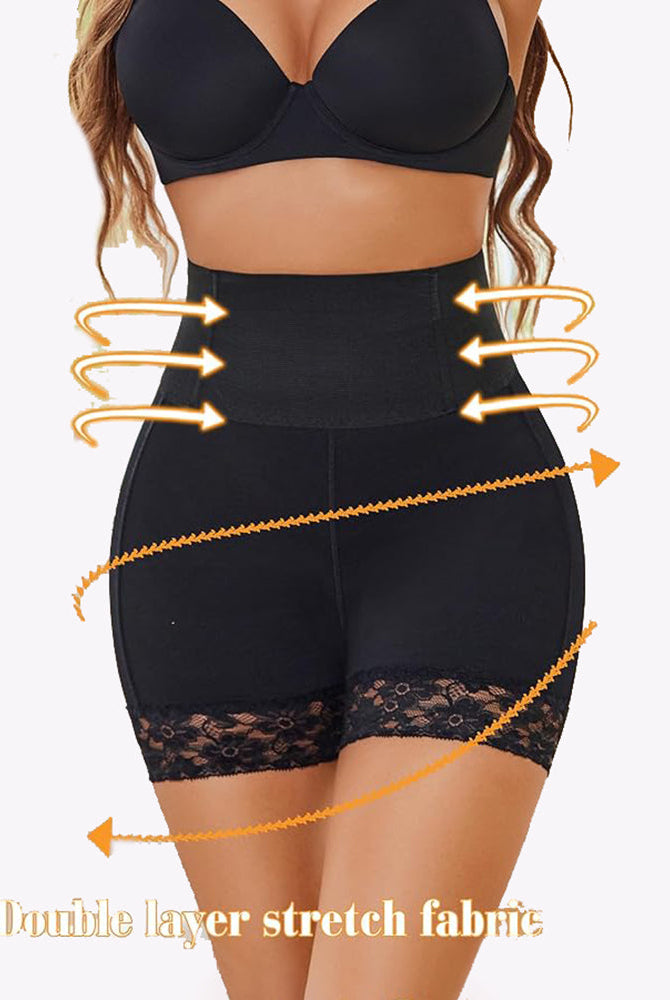 Black high-waisted shapewear shorts with lace trim, tummy control, and double-layer stretch fabric