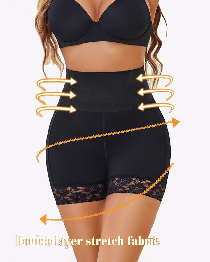 Black high-waisted shapewear shorts with lace trim, tummy control, and double-layer stretch fabric