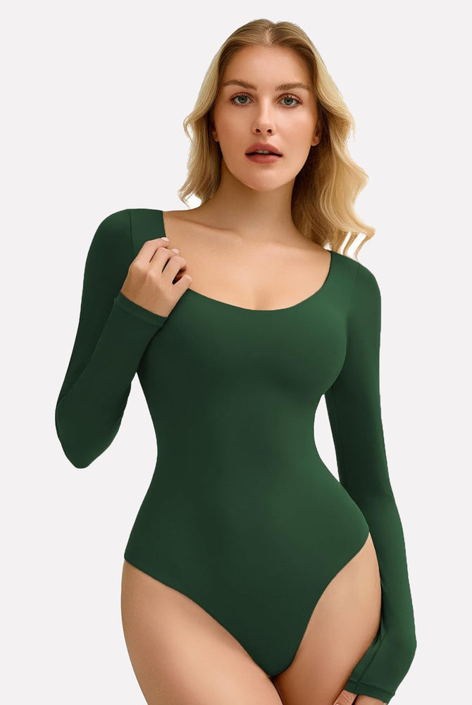 Emerald green long sleeve scoop neck bodysuit shapewear, soft and stretchy, flattering fit