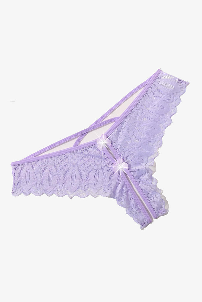 Lavender lace Criss Cross Hipster Underwear with cross-strap back, perfect for sweet nights.