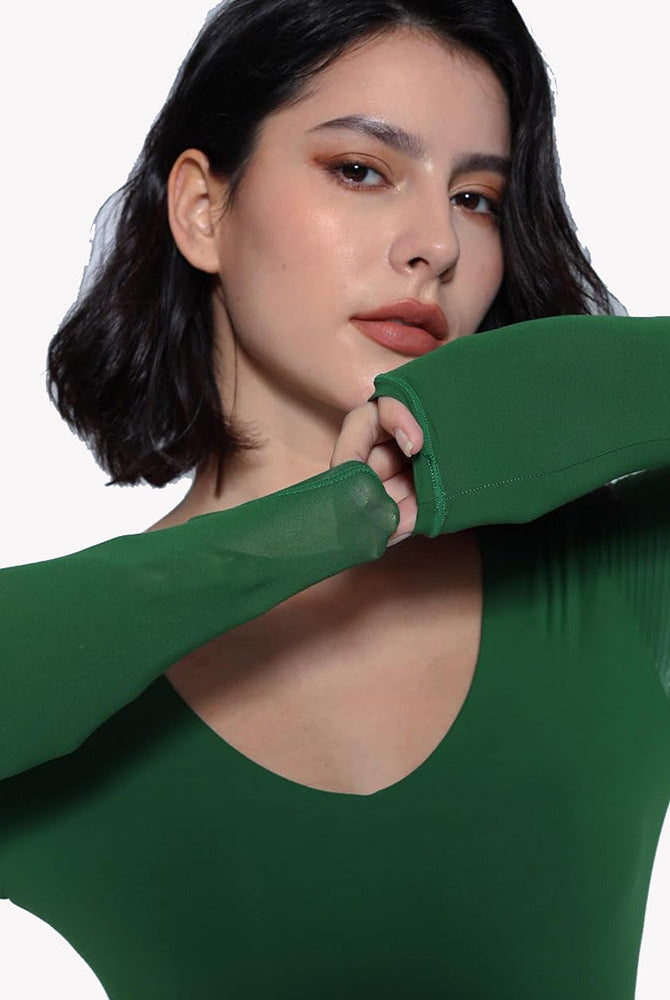 Emerald green long-sleeve V-neck bodysuit with double-lined shapewear, curve enhancing design
